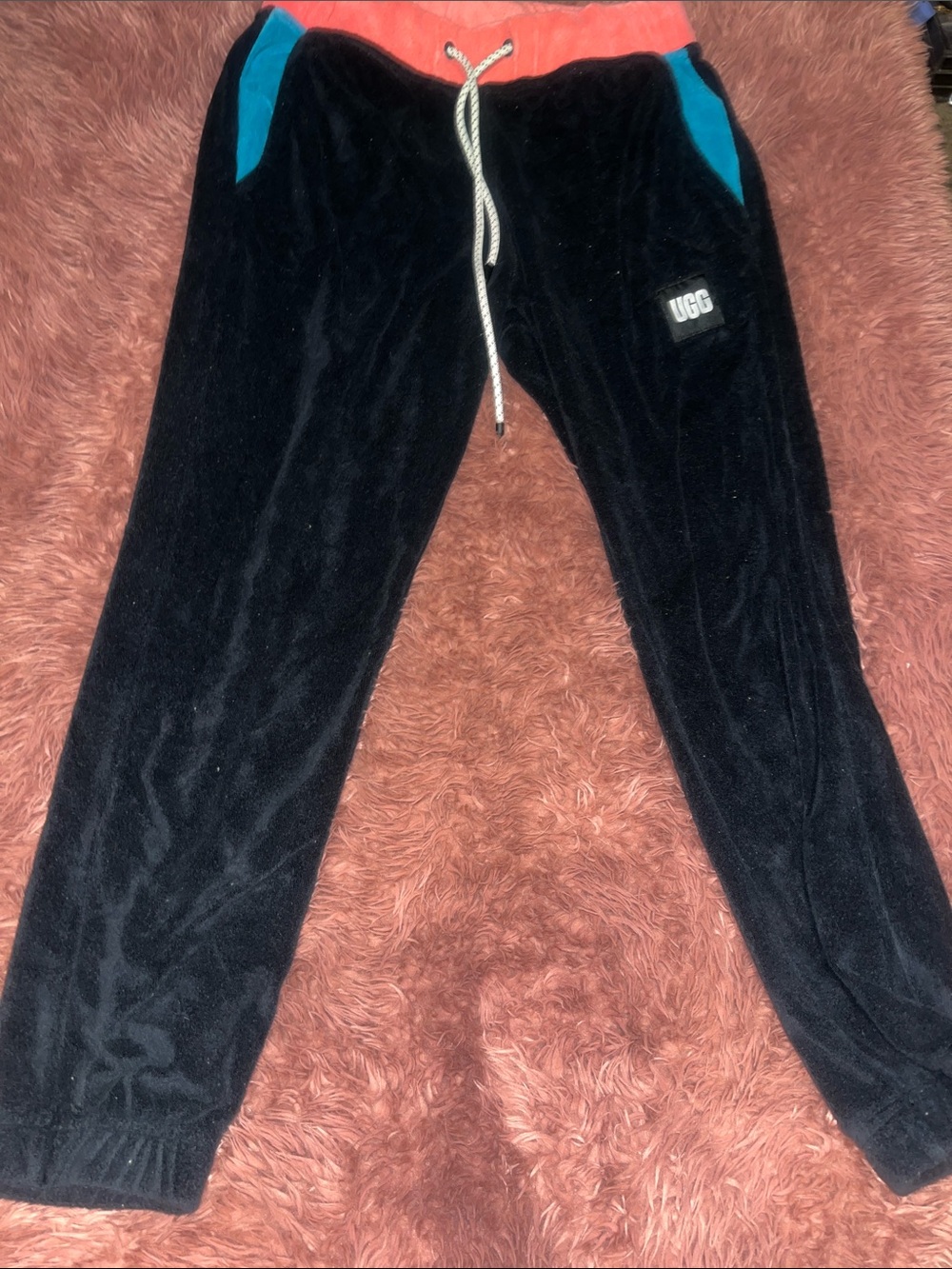 UGG Black Velour Joggers with Teal Pockets and Coral Waistband
